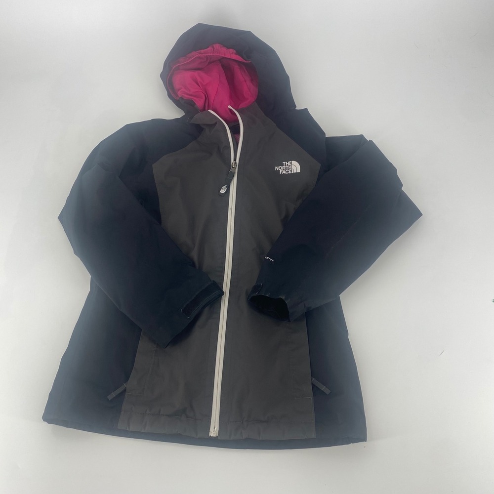The North Face HyVent Girls Hooded Rain Jacket Black Grey Pink Size M 10/12